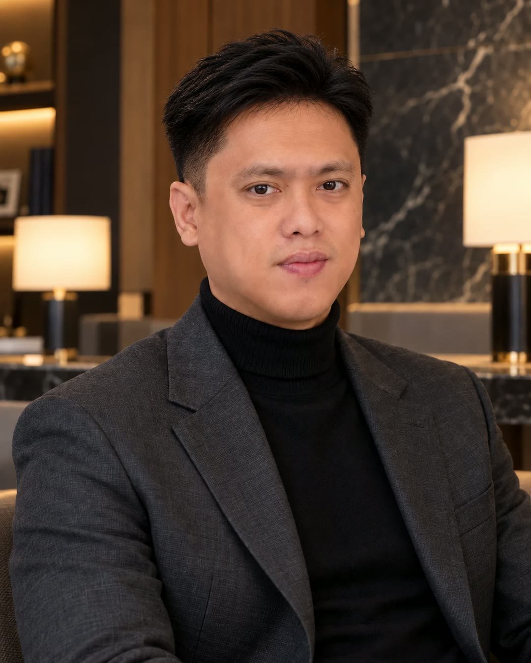 Ryan Macapagal seated in a warm executive lounge, in a black turtleneck and charcoal jacket.