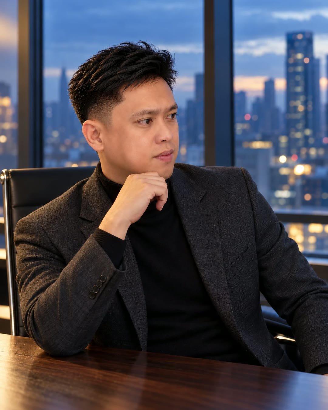 Ryan Macapagal seated at a table by tall windows overlooking the city at dusk, in a thoughtful pose.