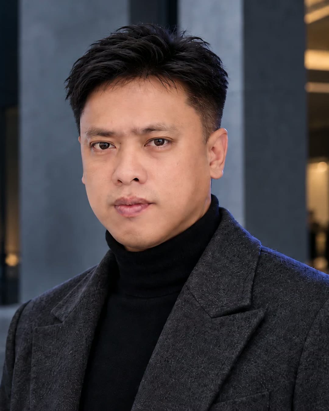 Ryan Macapagal in a black turtleneck and charcoal coat, outside a modern glass building at dusk.